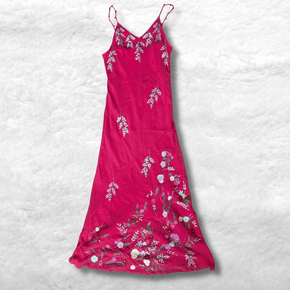 rare vintage anopia collezioni Italian hot pink silk embroidered maxi dress
